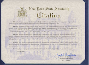 Citation from NY State Assembly SCSAA Award of Organization of the Year
